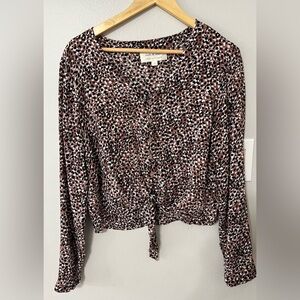 Cloth & Stone Anthropologie Tie Front Blouse Small Leopard Print Rayon Top Boho